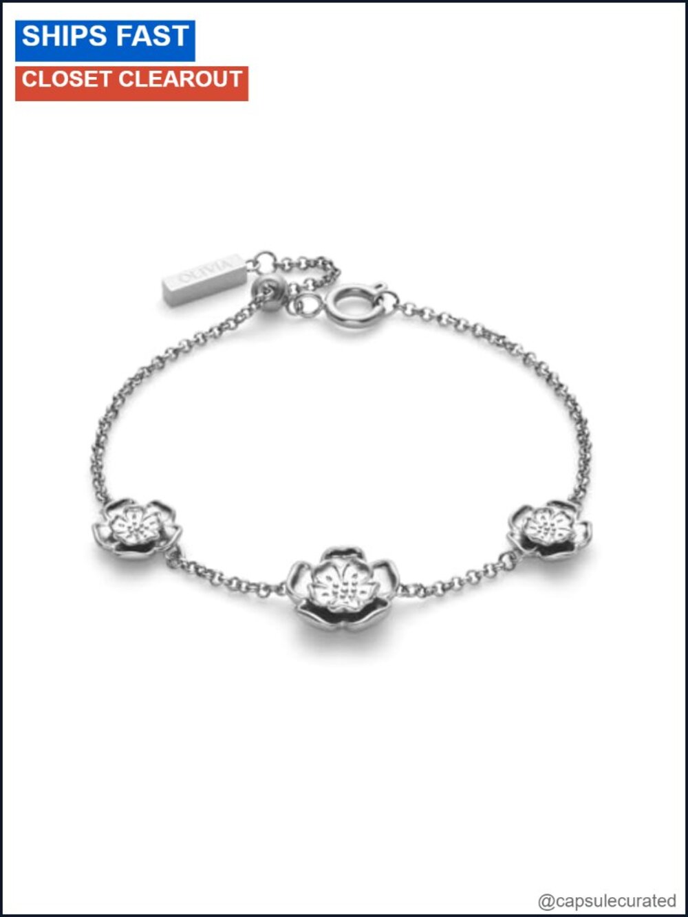 Floral Crest Station Bracelet Silver Finish Adjustable Lobster Clasp